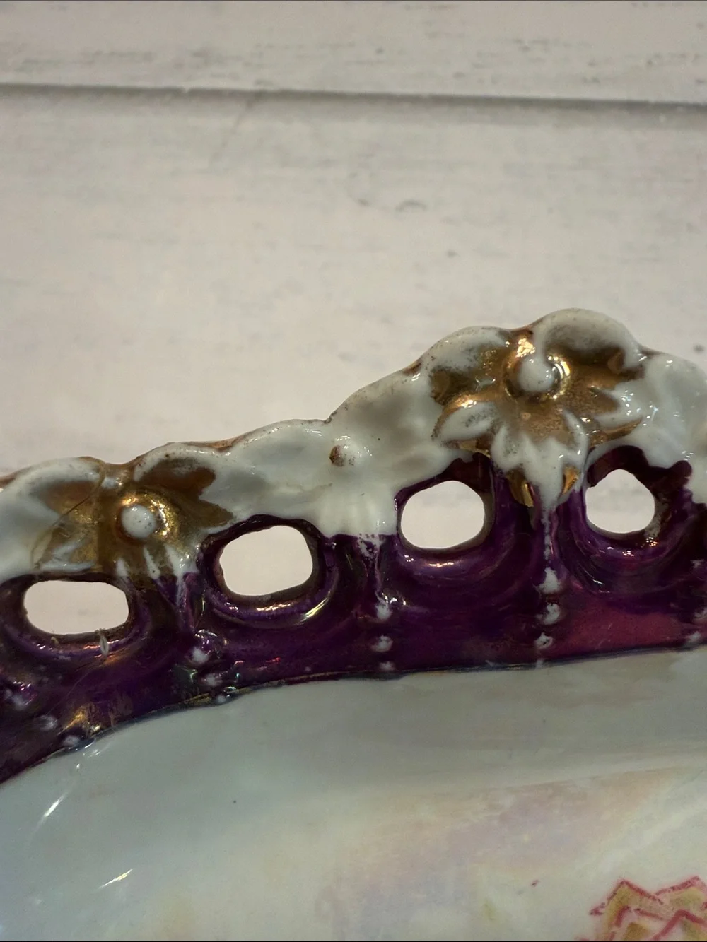 Porcelain Floral Serving Dish in Purple and White with Gold Accents Vintage